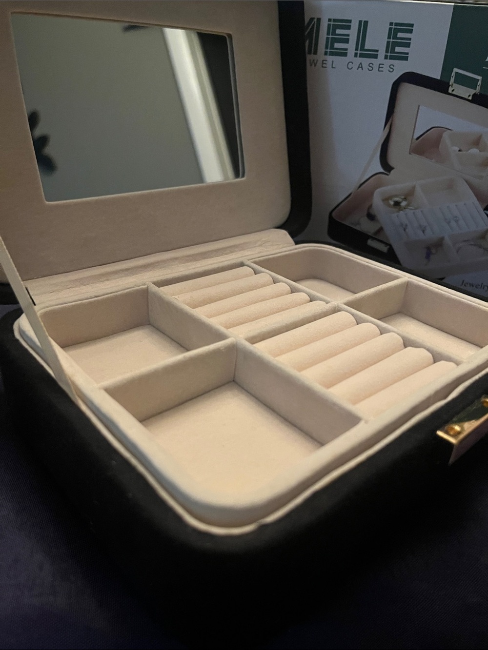 MELE Velvet Jewelry Case with Mirror - Black and Cream Interior